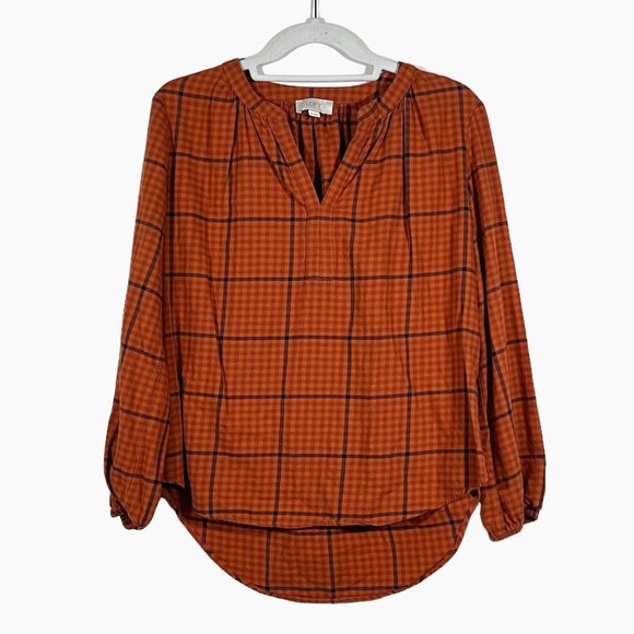 Loft Outlet - Women's Size S - Orange & Grey Plaid Top - Long Sleeve V-neck - Picture 1 of 11